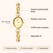 OhKlassy Lydia Gold women's vintage-inspired watch, size and features infographic