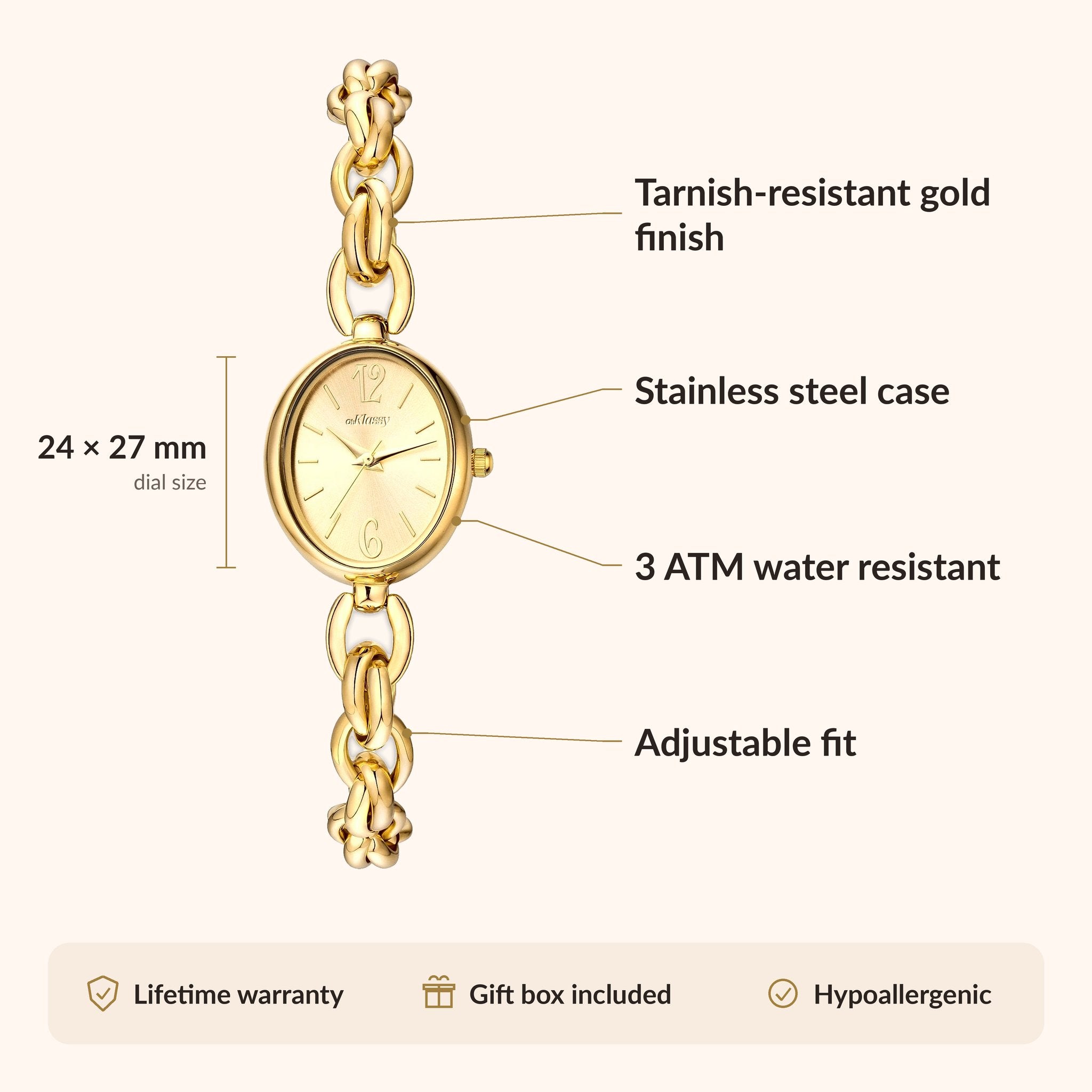 OhKlassy Lydia Gold women's vintage-inspired watch, size and features infographic
