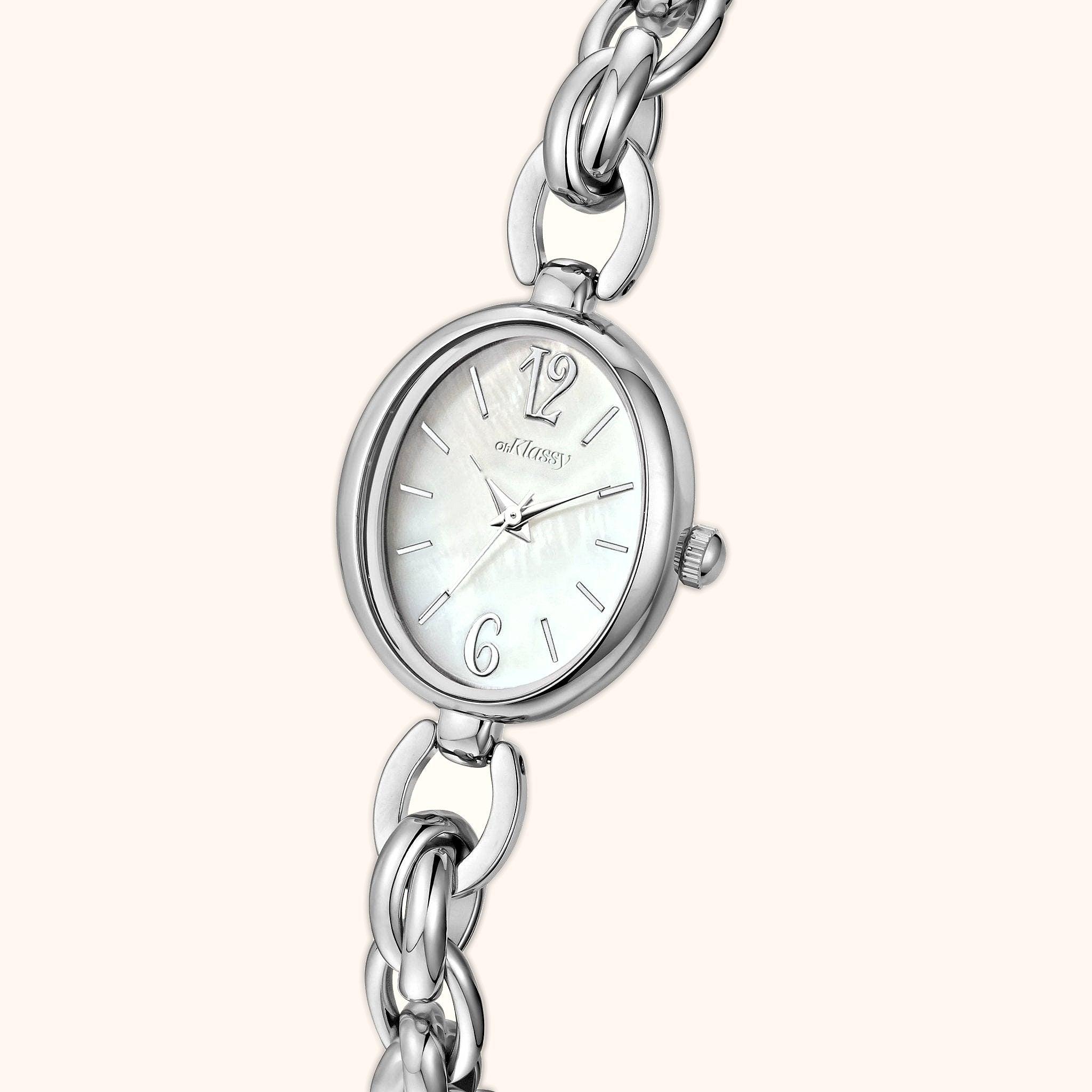 OhKlassy Lydia Silver women's vintage-inspired watch, angled side view