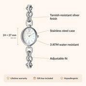 OhKlassy Lydia Silver women's vintage-inspired watch, size and features infographic