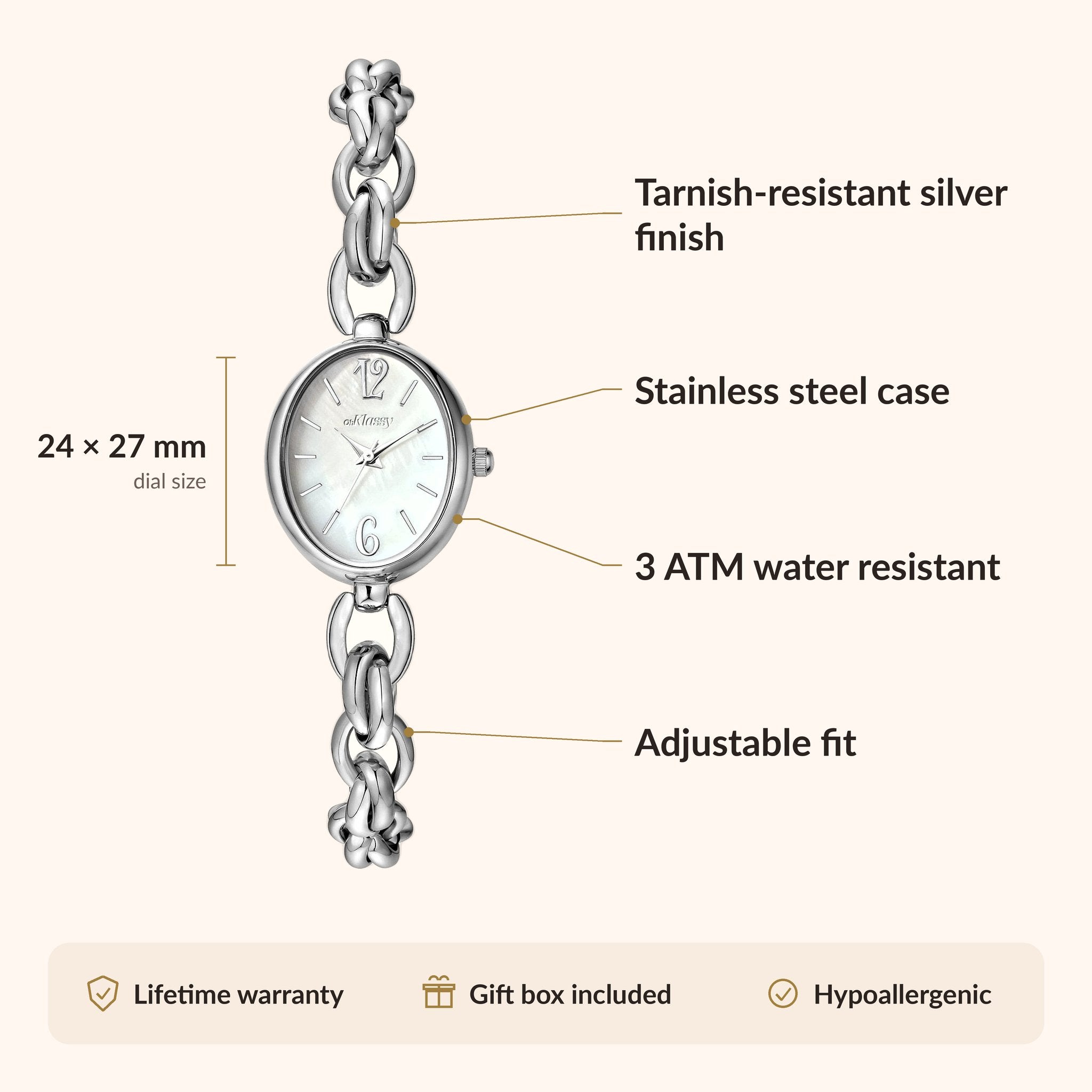OhKlassy Lydia Silver women's vintage-inspired watch, size and features infographic