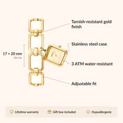 OhKlassy Malou Gold women's vintage-inspired watch, size and features infographic
