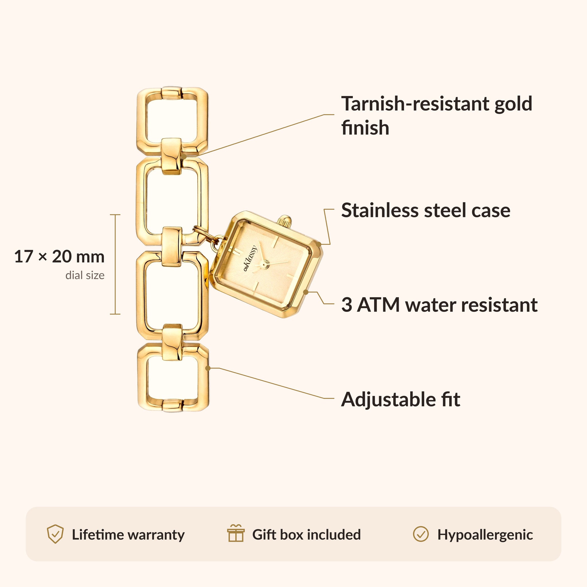 OhKlassy Malou Gold women's vintage-inspired watch, size and features infographic
