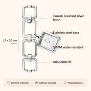 OhKlassy Malou Silver: vintage-geïnspireerd dameshorloge – infographic met afmetingen en kenmerken