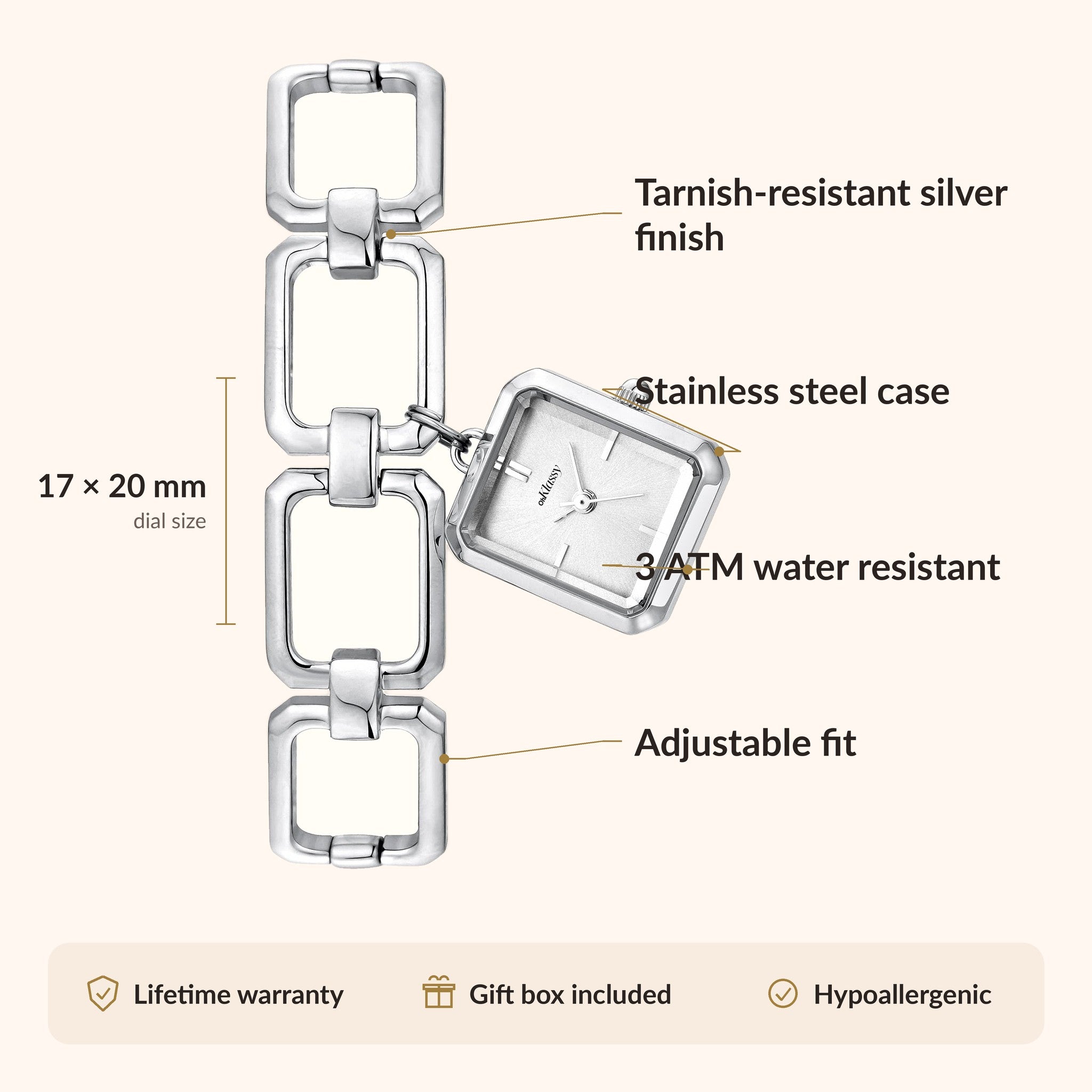 OhKlassy Malou Silver: vintage-geïnspireerd dameshorloge – infographic met afmetingen en kenmerken