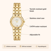 OhKlassy Maria Gold women's vintage-inspired watch, size and features infographic