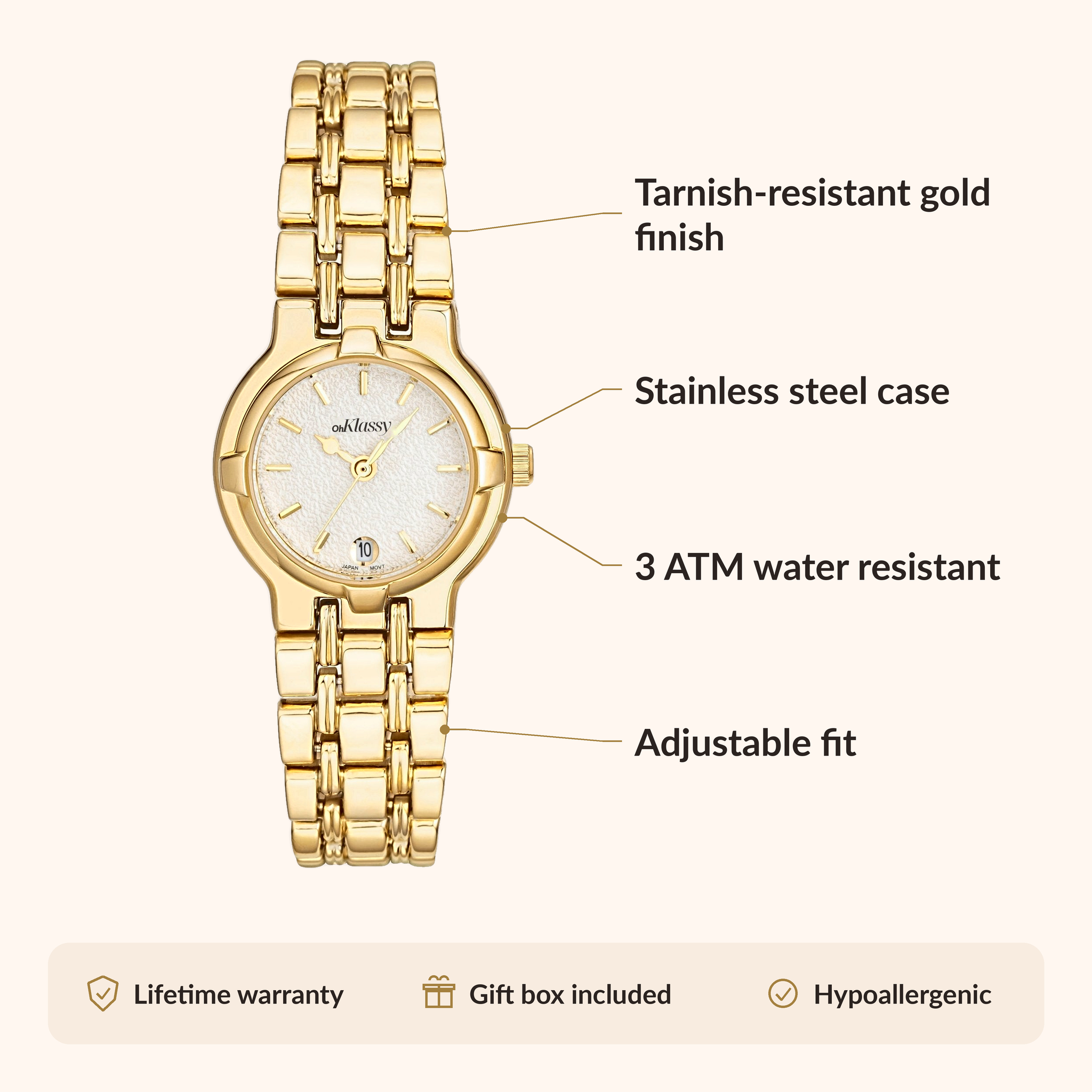 OhKlassy Maria Gold women's vintage-inspired watch, size and features infographic