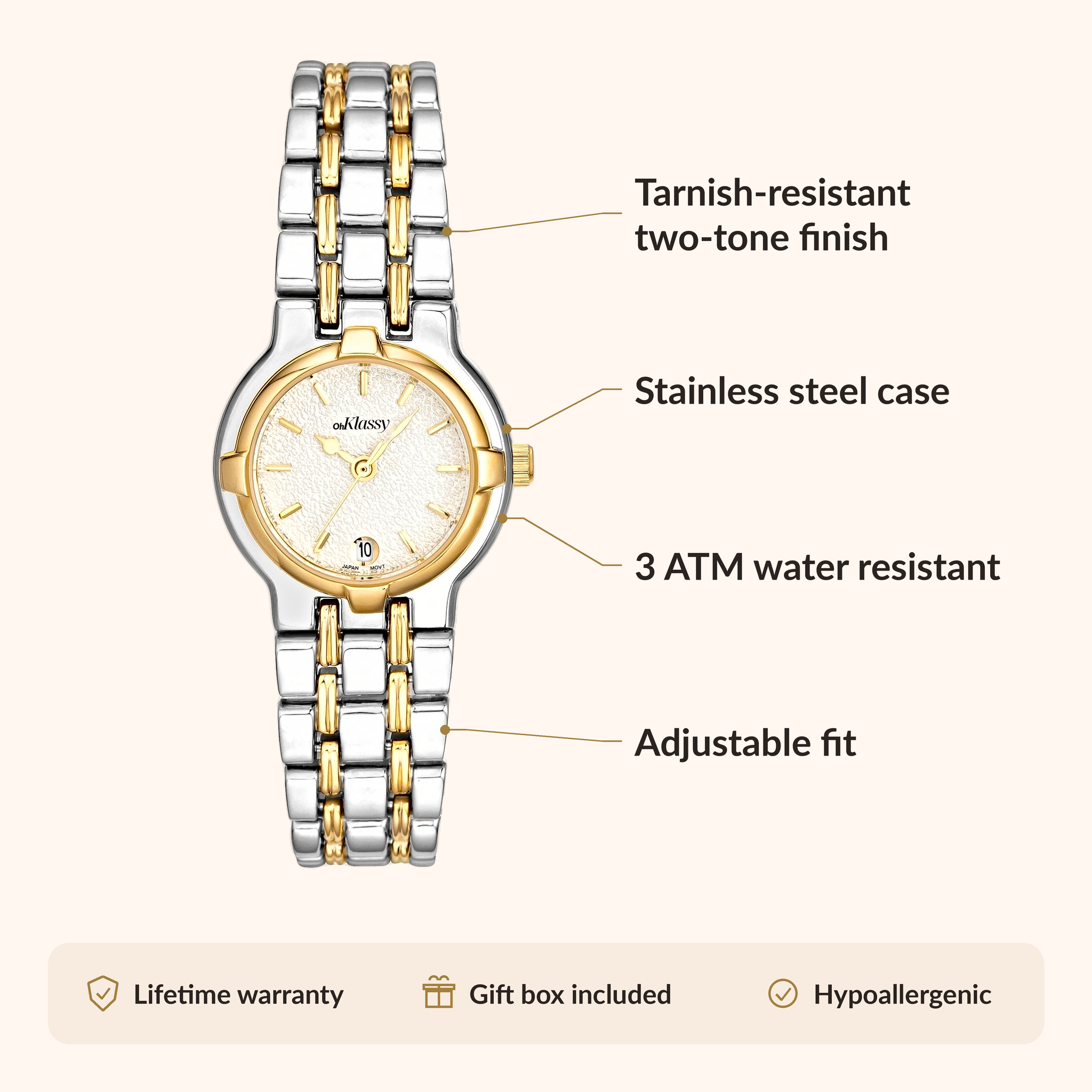 OhKlassy Maria Two Tone women's vintage-inspired watch, size and features infographic