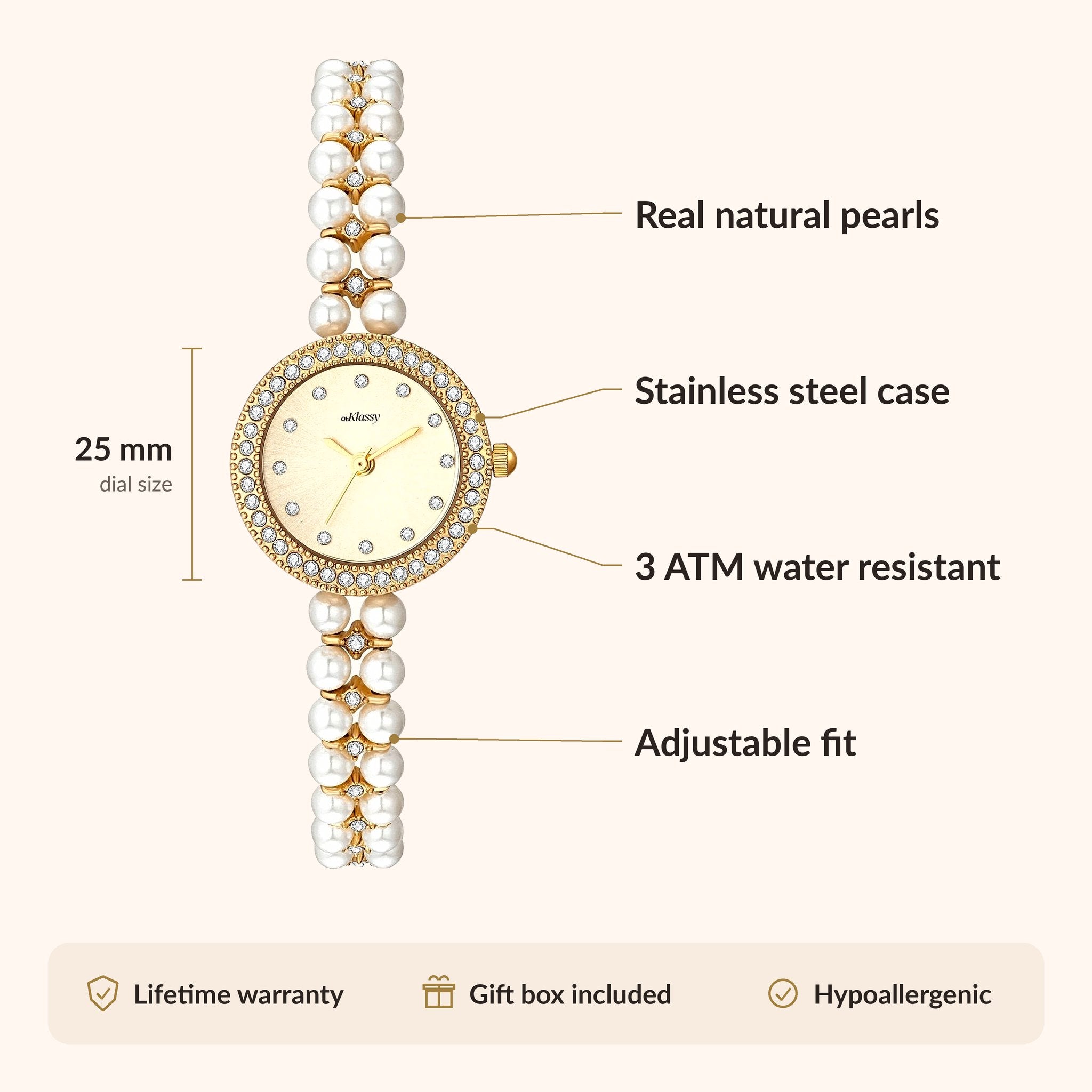 OhKlassy Mireille Gold women's vintage-inspired watch, size and features infographic