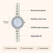 OhKlassy Mireille Silver – Vintage-inspirierte Damenuhr: Infografik zu Größe und Funktionen