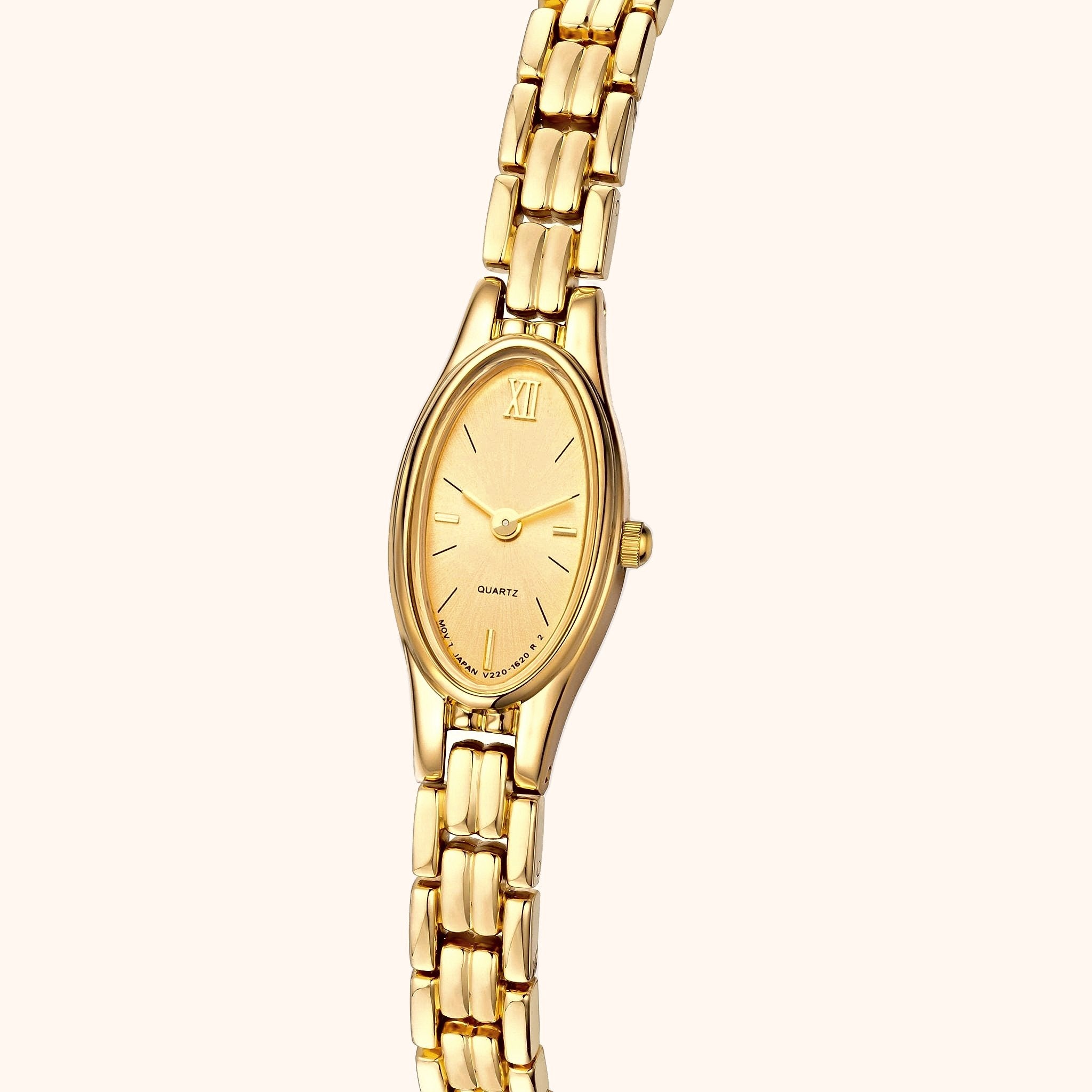 Orologio da donna OhKlassy Naomi Gold in stile vintage, vista laterale obliqua