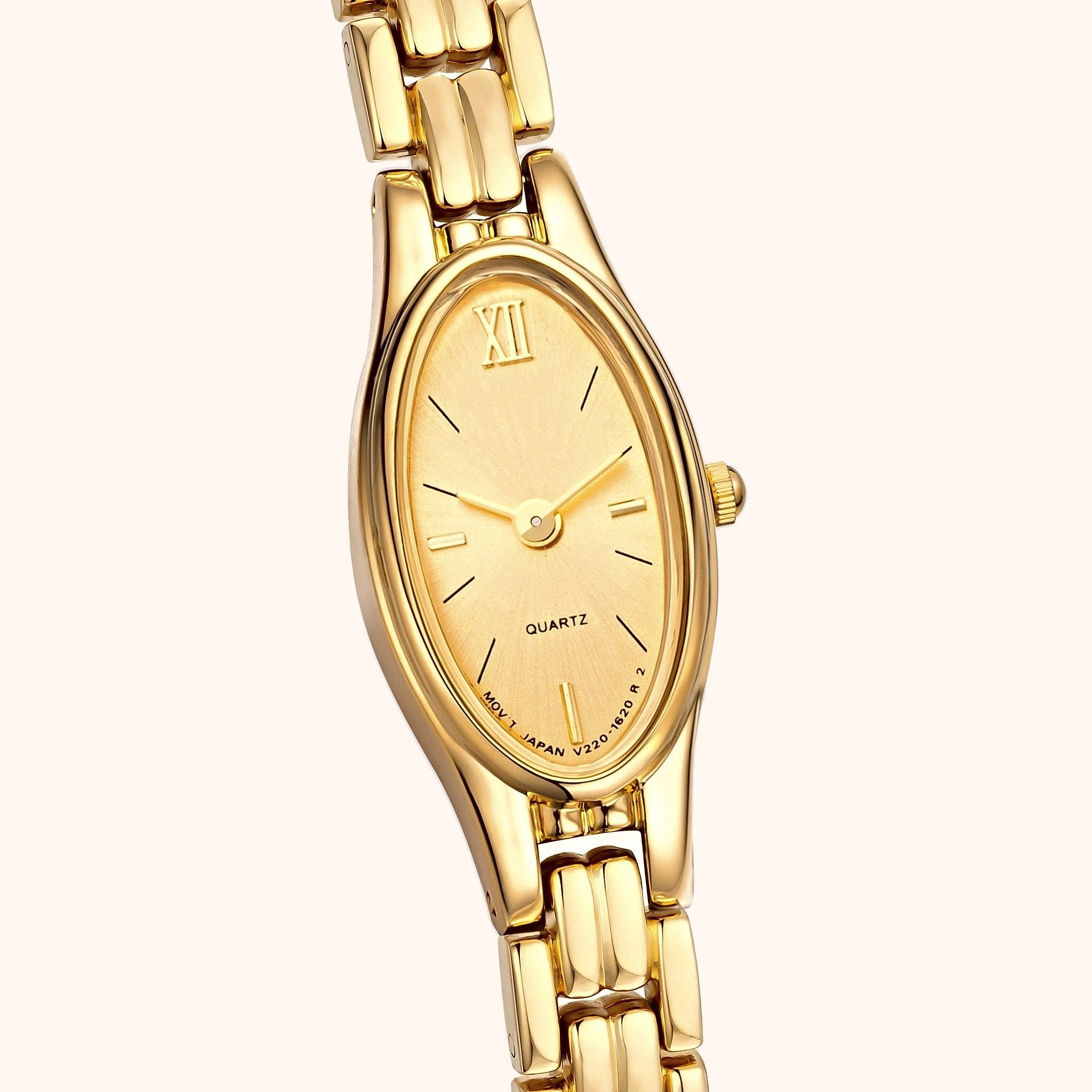 Orologio da donna OhKlassy Naomi Gold in stile vintage, primo piano del quadrante