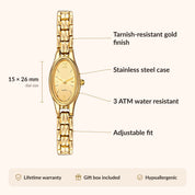 Orologio da donna OhKlassy Naomi Gold in stile vintage: infografica su dimensioni e caratteristiche