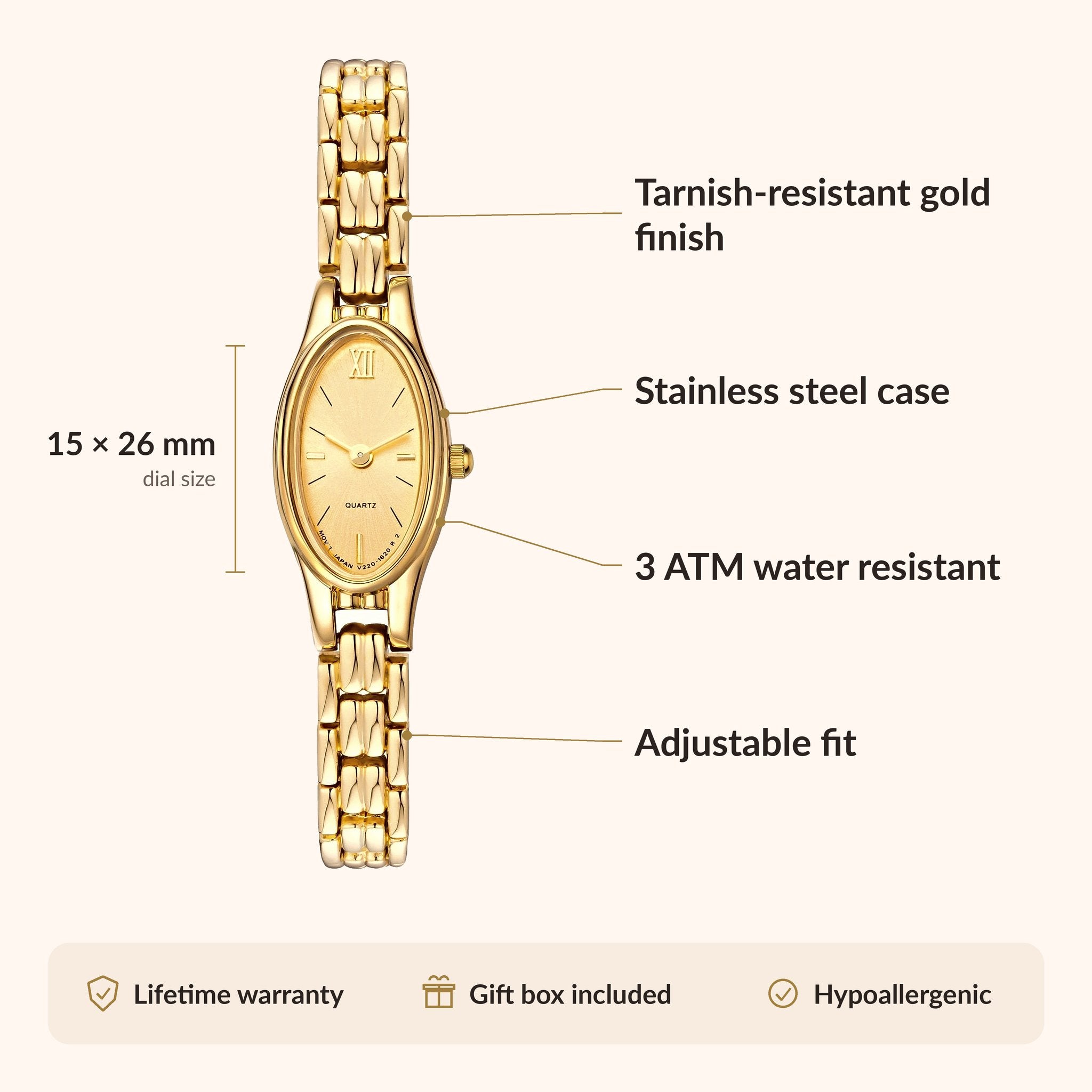 Orologio da donna OhKlassy Naomi Gold in stile vintage: infografica su dimensioni e caratteristiche