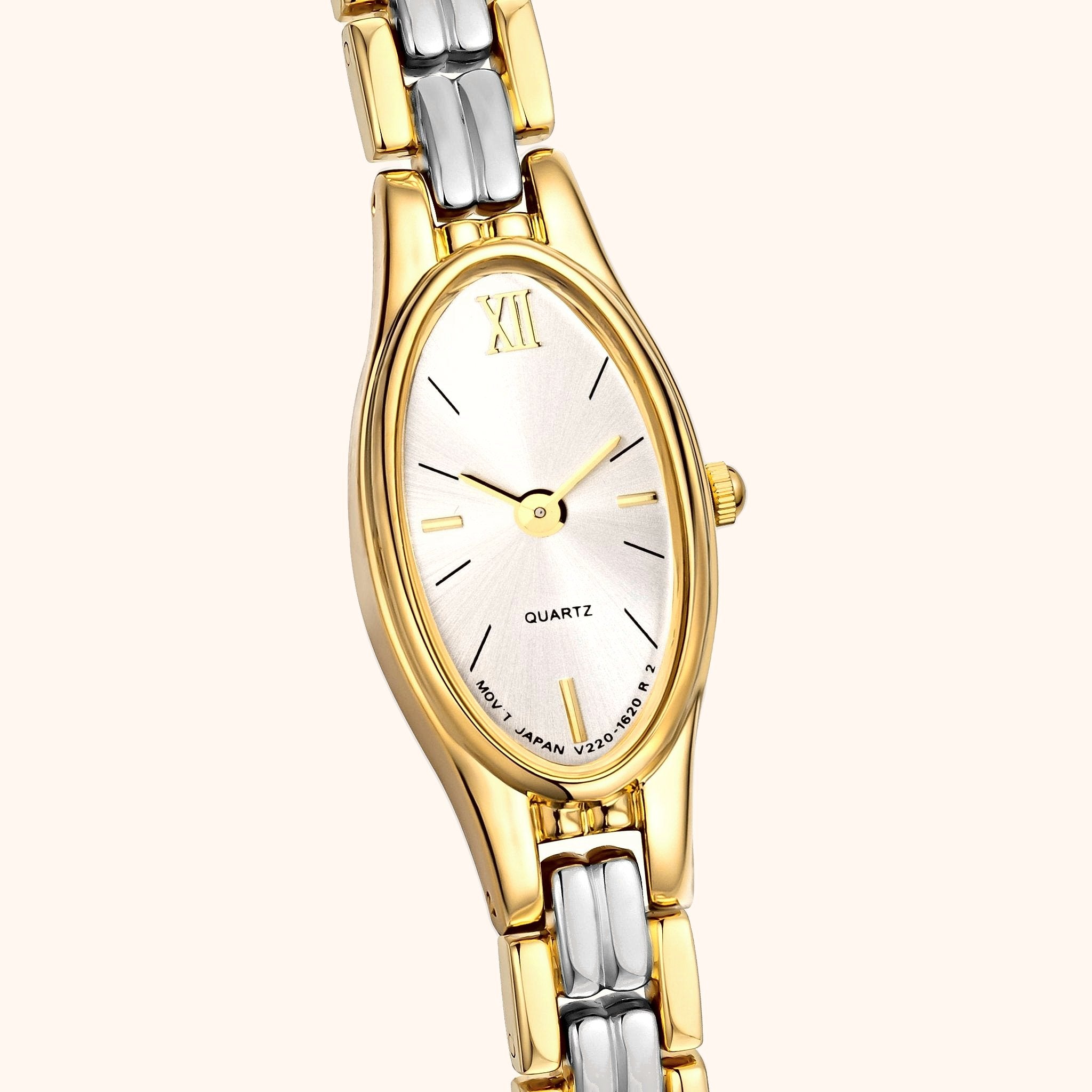 Orologio da donna OhKlassy Naomi bicolore di ispirazione vintage, primo piano del quadrante