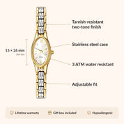 Orologio da donna OhKlassy Naomi bicolore in stile vintage: infografica su dimensioni e caratteristiche