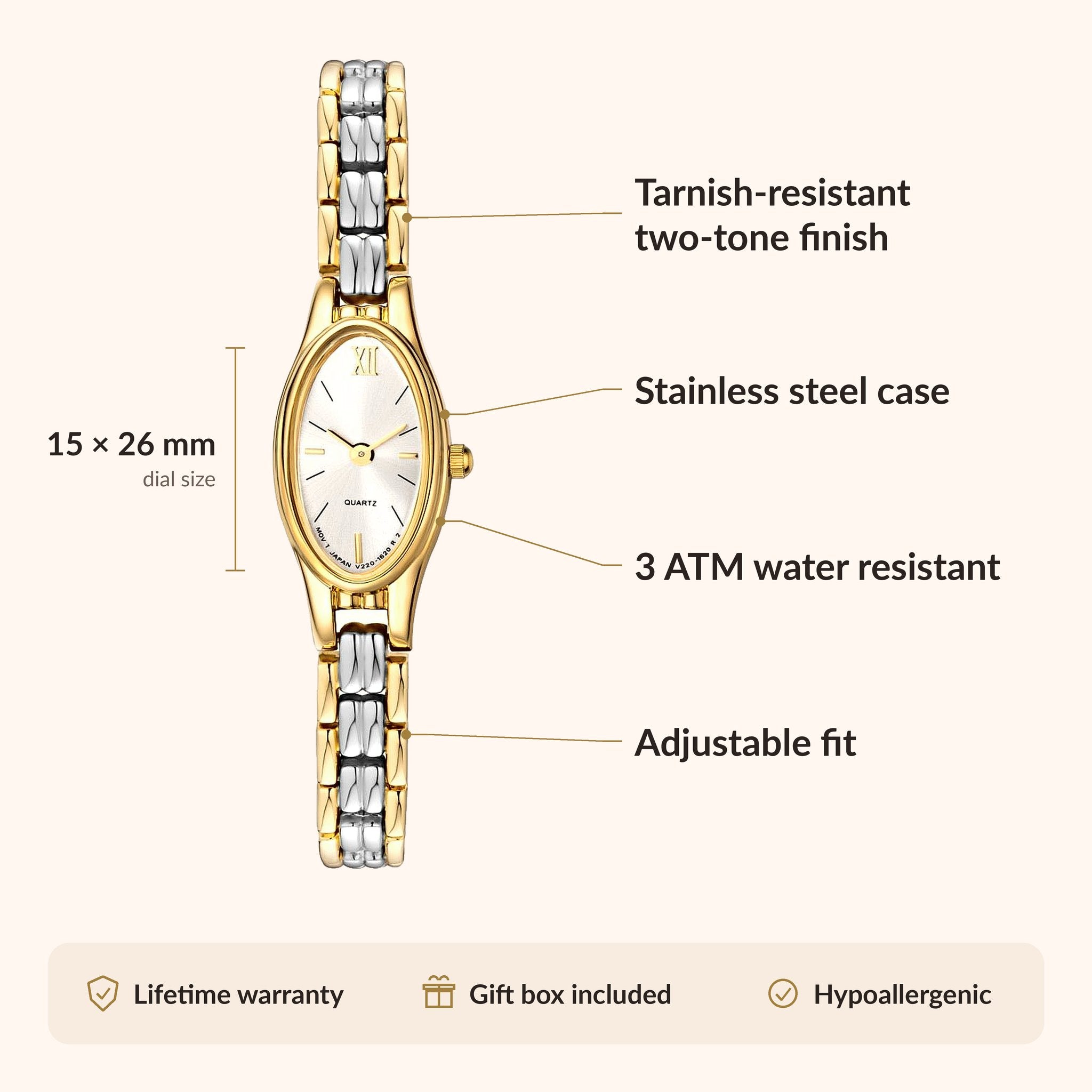 Orologio da donna OhKlassy Naomi bicolore in stile vintage: infografica su dimensioni e caratteristiche