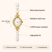 OhKlassy Nina Pearl Gold women's vintage-inspired watch, size and features infographic