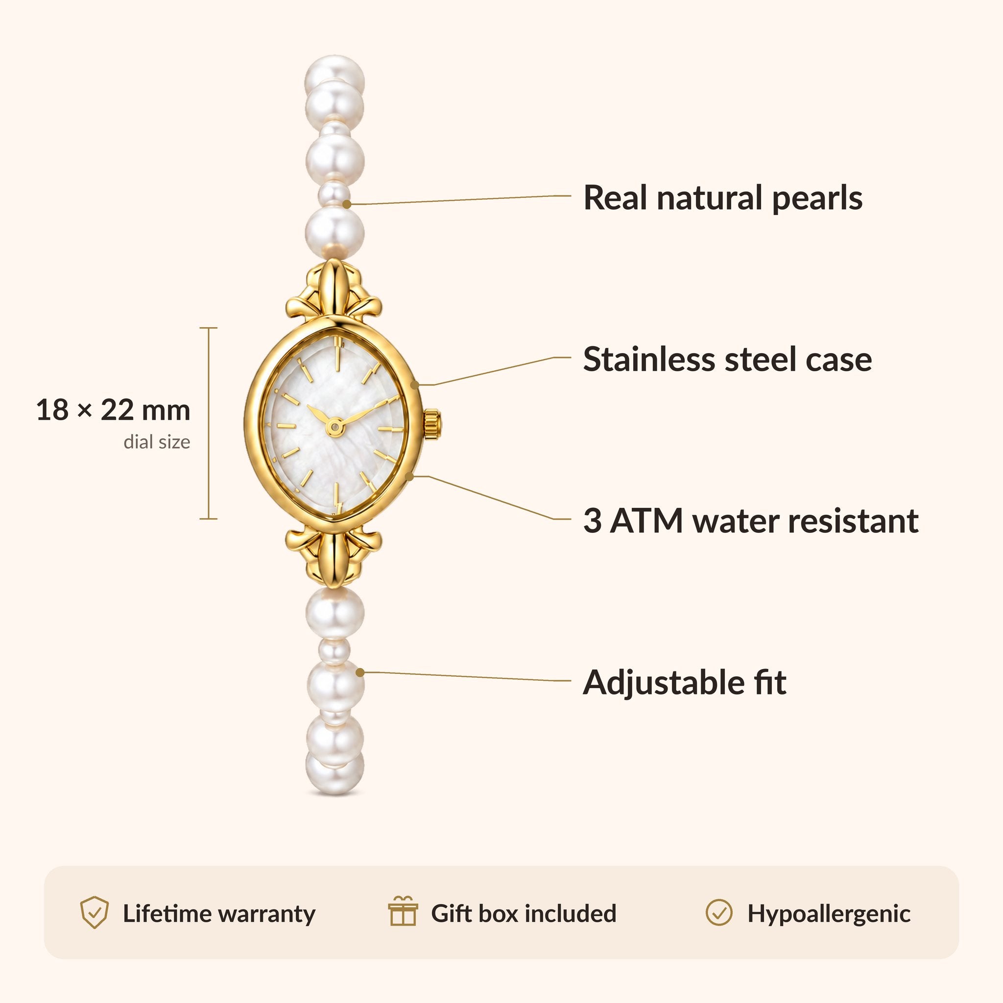 OhKlassy Nina Pearl Gold women's vintage-inspired watch, size and features infographic