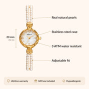 Orologio da donna OhKlassy Noelle Pearl Gold in stile vintage: infografica su dimensioni e caratteristiche