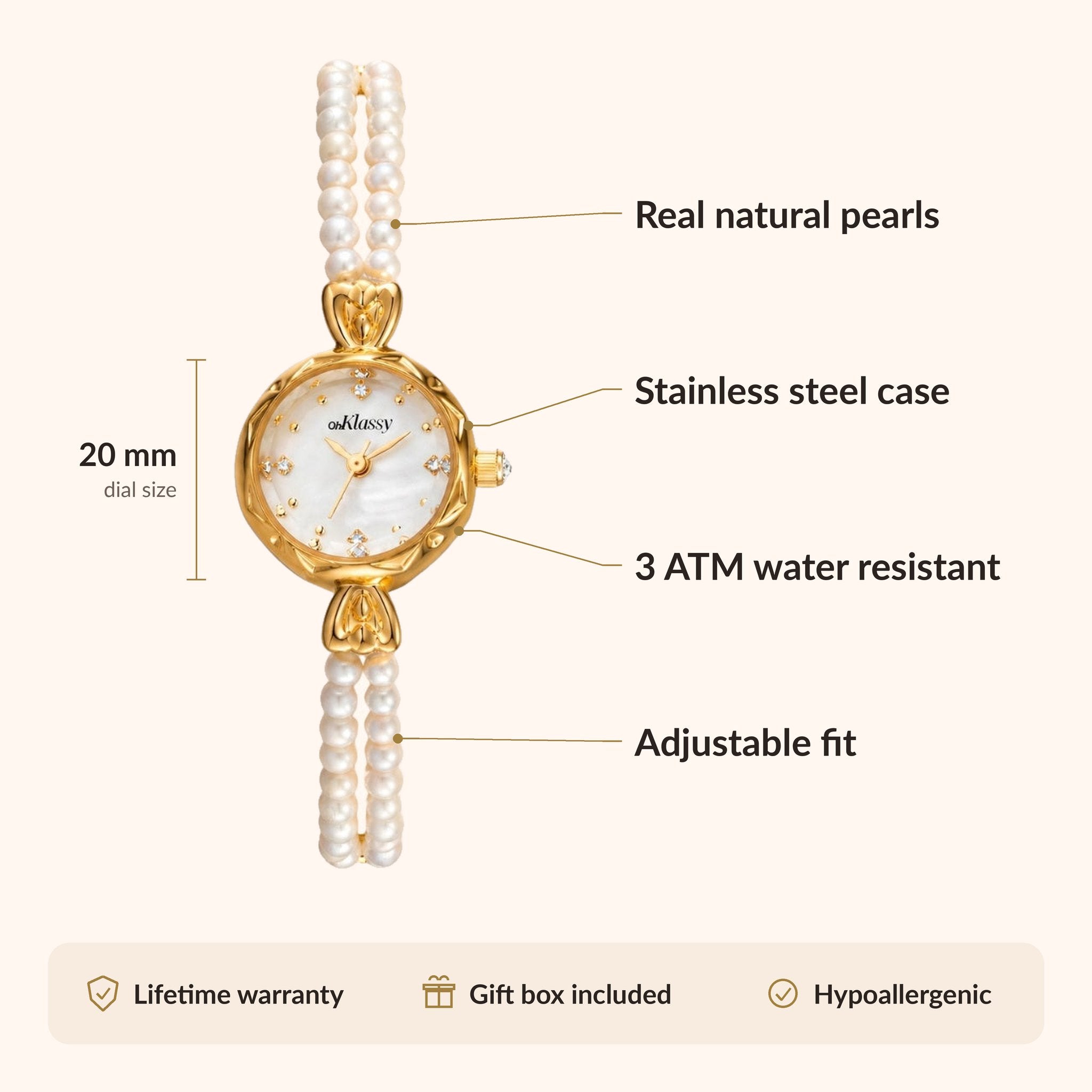 Orologio da donna OhKlassy Noelle Pearl Gold in stile vintage: infografica su dimensioni e caratteristiche
