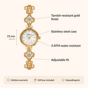 OhKlassy Odette Gold – Vintage-inspirierte Damenuhr: Infografik zu Größe und Funktionen