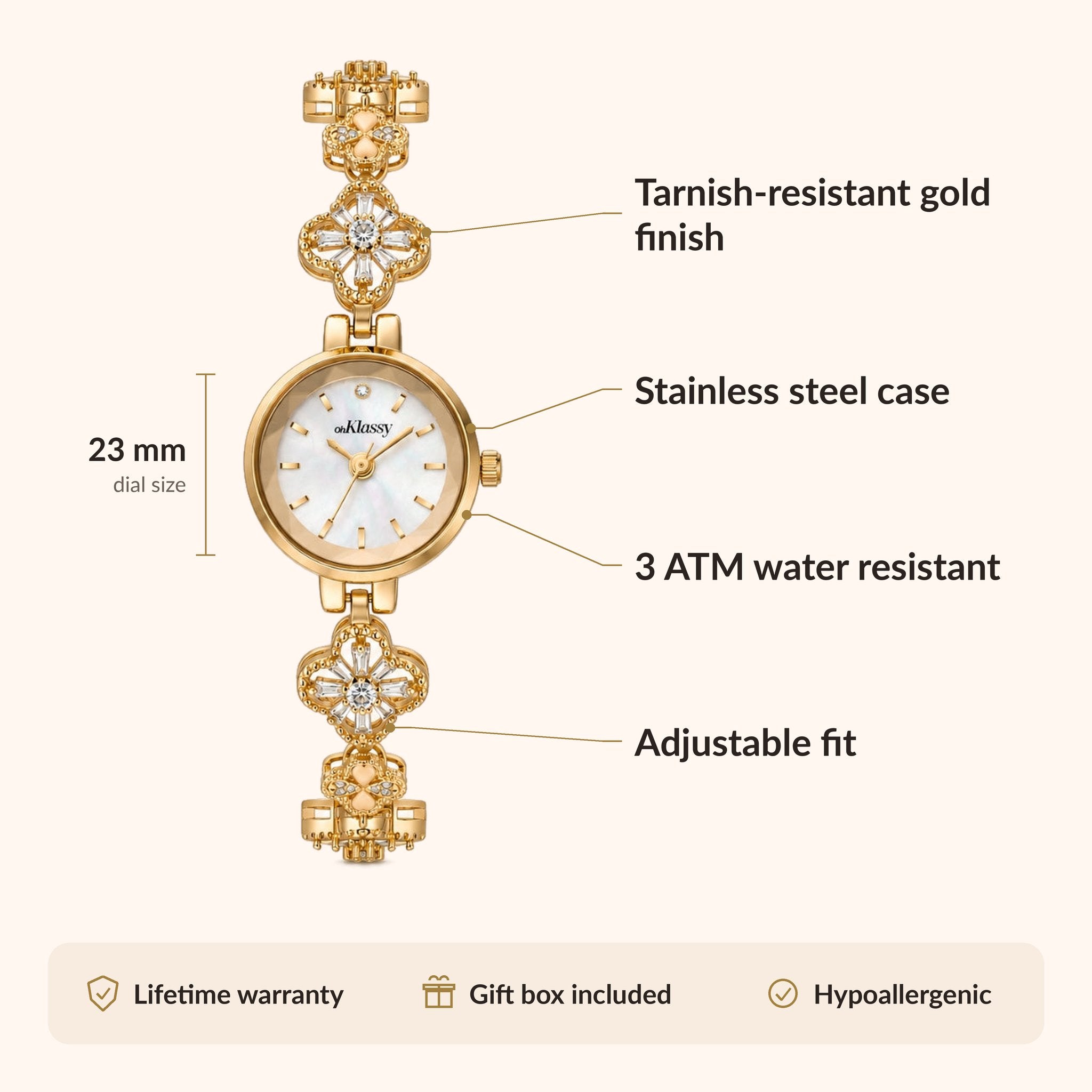 OhKlassy Odette Gold – Vintage-inspirierte Damenuhr: Infografik zu Größe und Funktionen