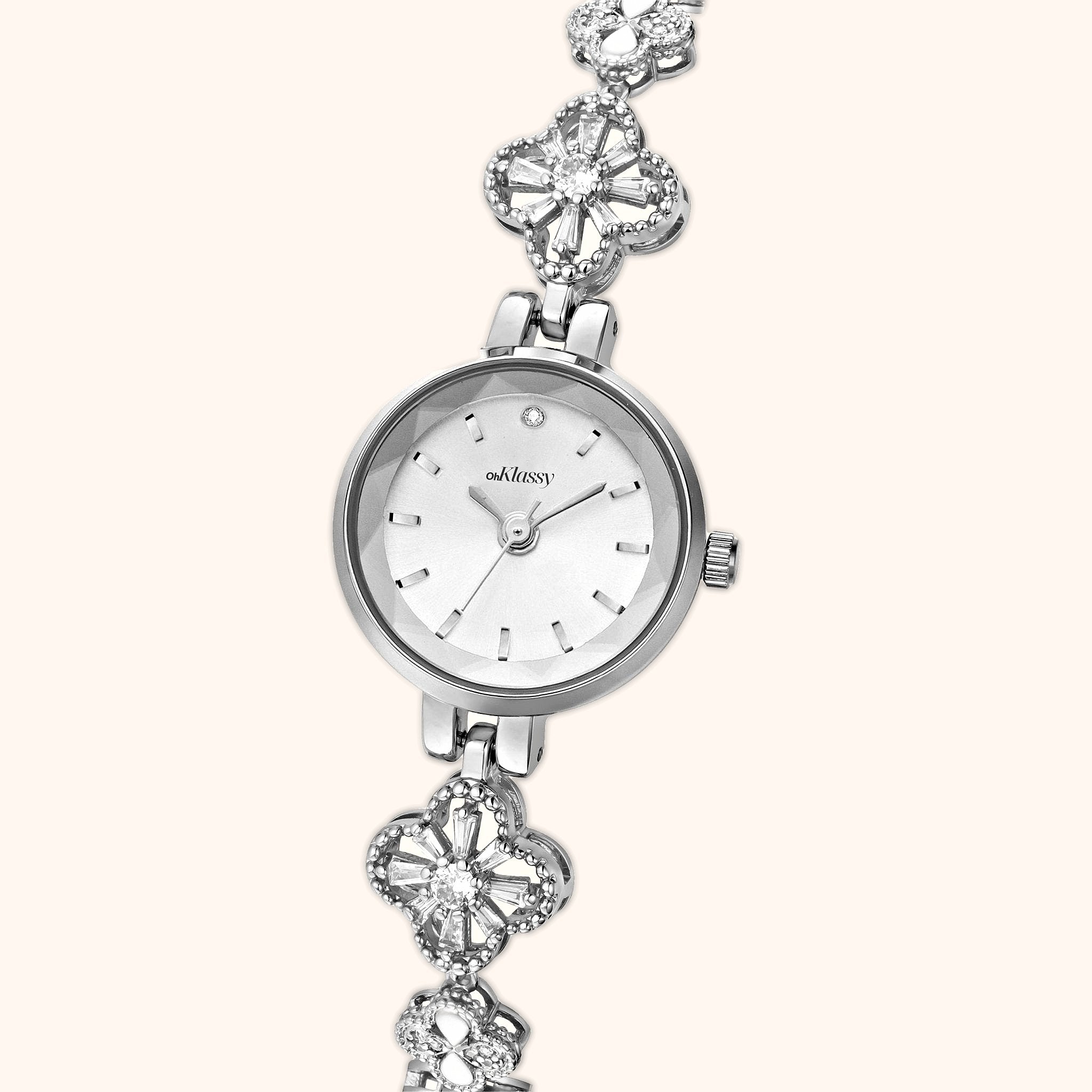 OhKlassy Odette Silver women's vintage-inspired watch, angled side view