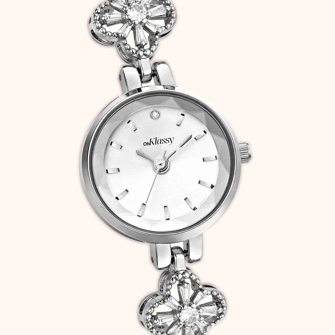 OhKlassy Odette Silver women's vintage-inspired watch, dial close-up
