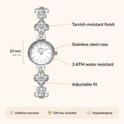 OhKlassy Odette Silver women's vintage-inspired watch, size and features infographic