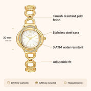 OhKlassy Oliya Gold women's vintage-inspired watch, size and features infographic