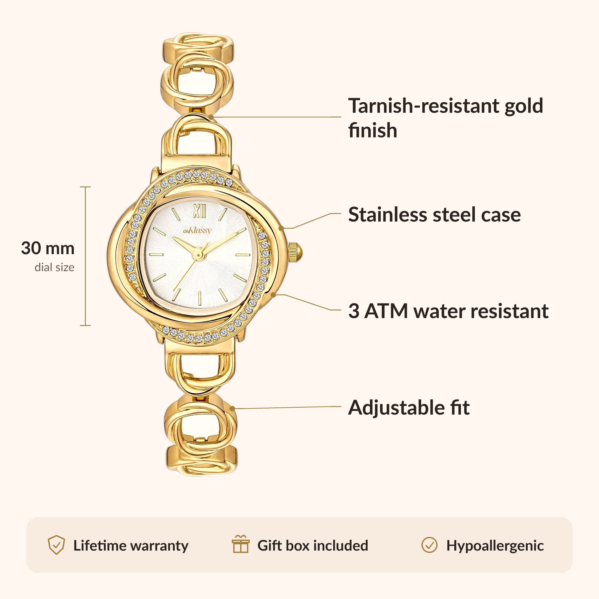 OhKlassy Oliya Gold women's vintage-inspired watch, size and features infographic