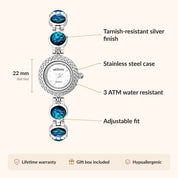 OhKlassy Ondine Silver women's vintage-inspired watch, size and features infographic
