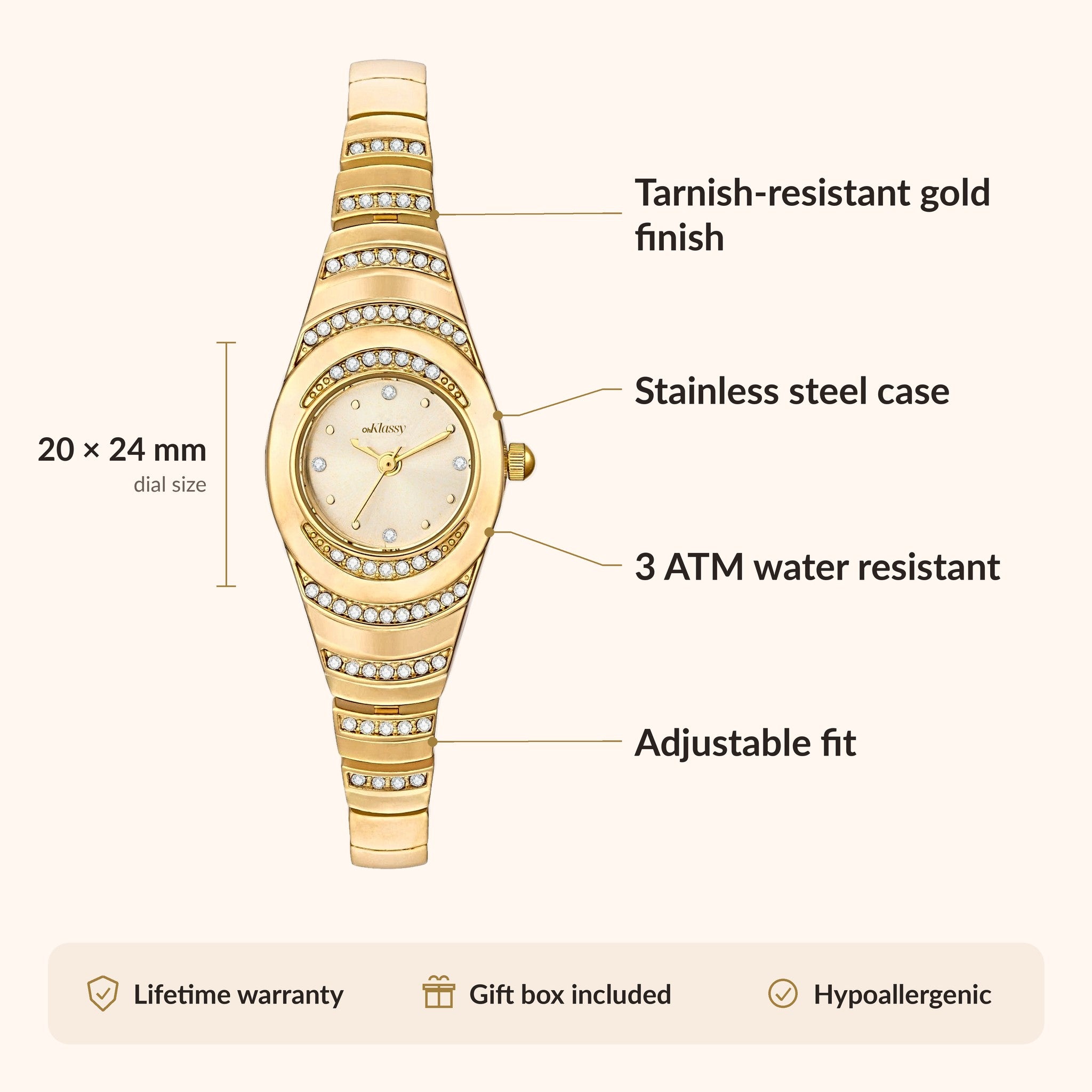 OhKlassy Ophelia Gold women's vintage-inspired watch, size and features infographic