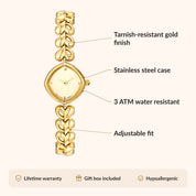 OhKlassy Rhea Gold women's vintage-inspired watch, size and features infographic