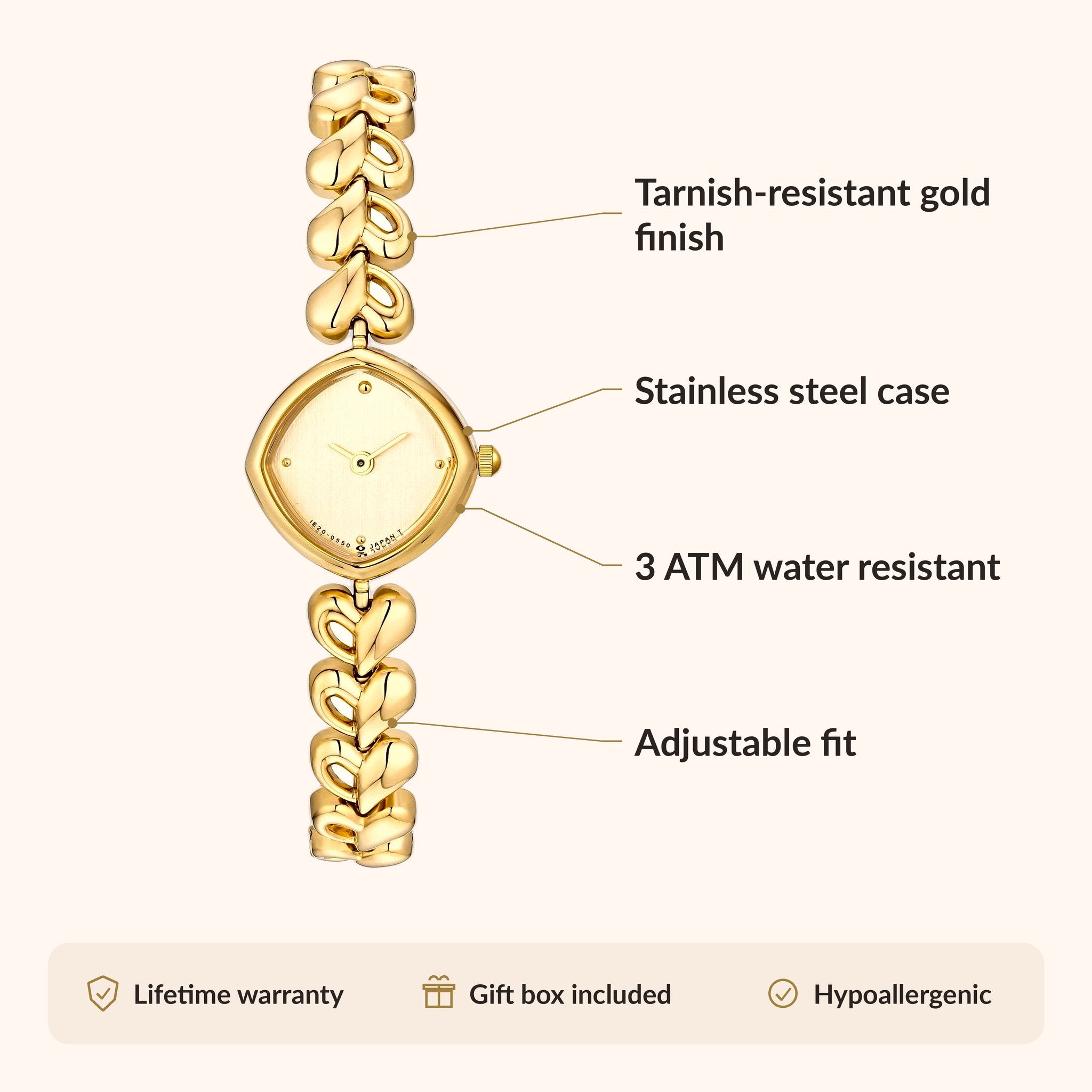 OhKlassy Rhea Gold women's vintage-inspired watch, size and features infographic