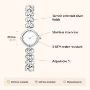 OhKlassy Rhea Silver women's vintage-inspired watch, size and features infographic
