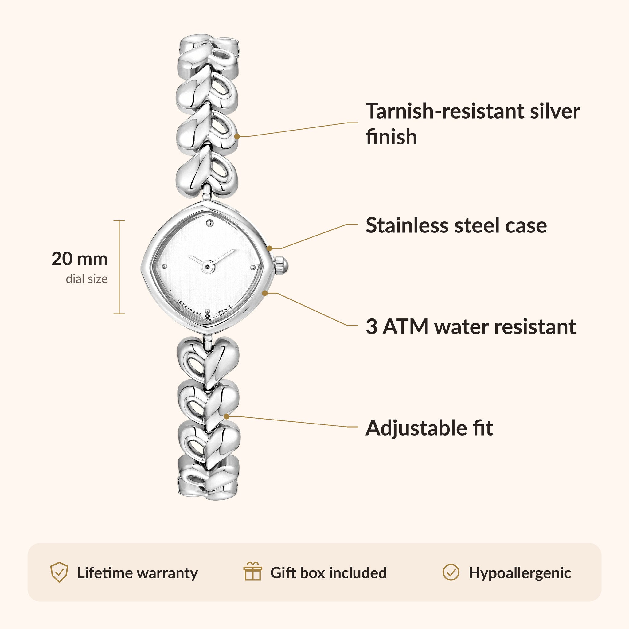 OhKlassy Rhea Silver women's vintage-inspired watch, size and features infographic