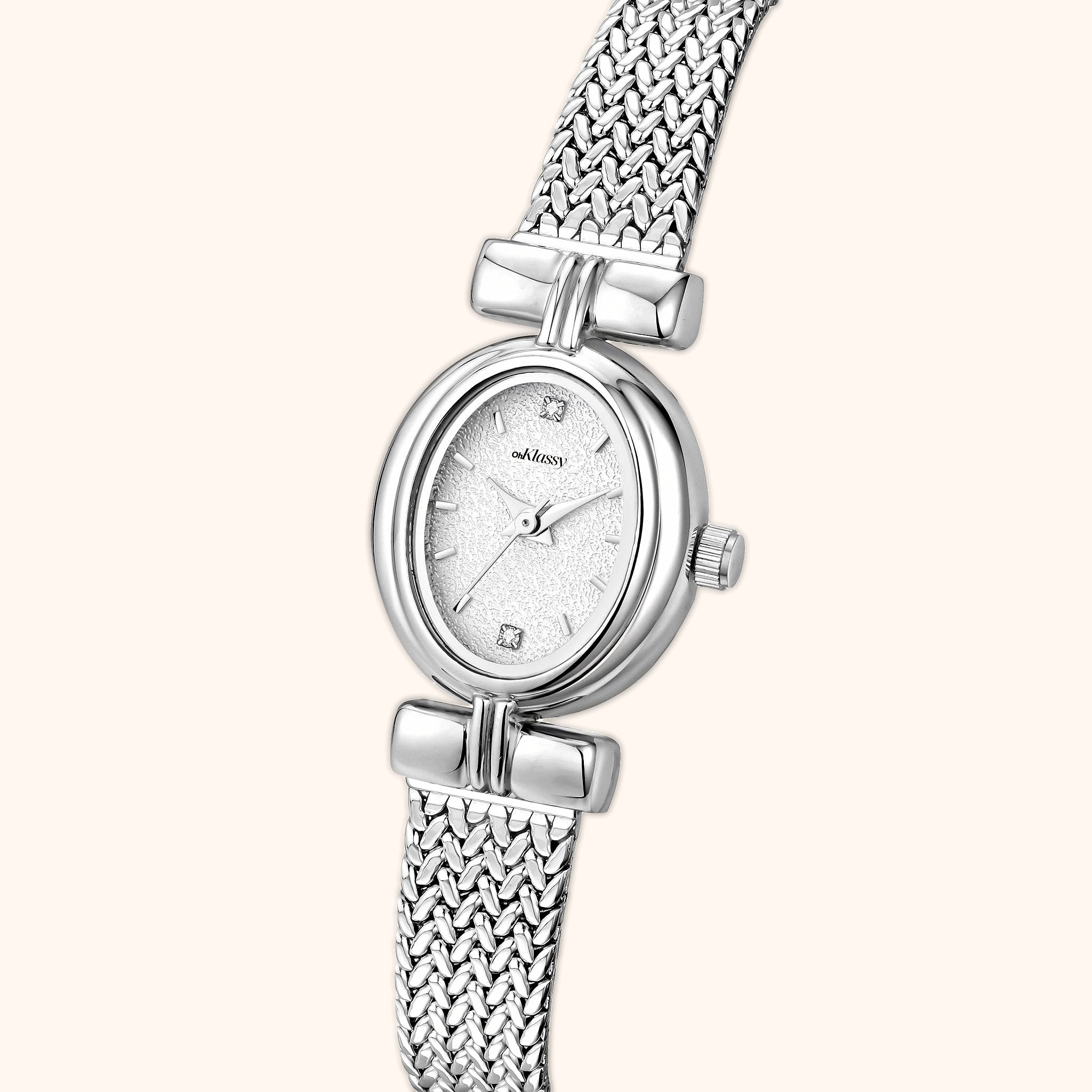 OhKlassy Rosalie Silver women's vintage-inspired watch, angled side view