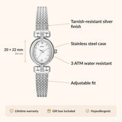 OhKlassy Rosalie Silver women's vintage-inspired watch, size and features infographic