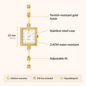 OhKlassy Sabella Gold women's vintage-inspired watch, size and features infographic