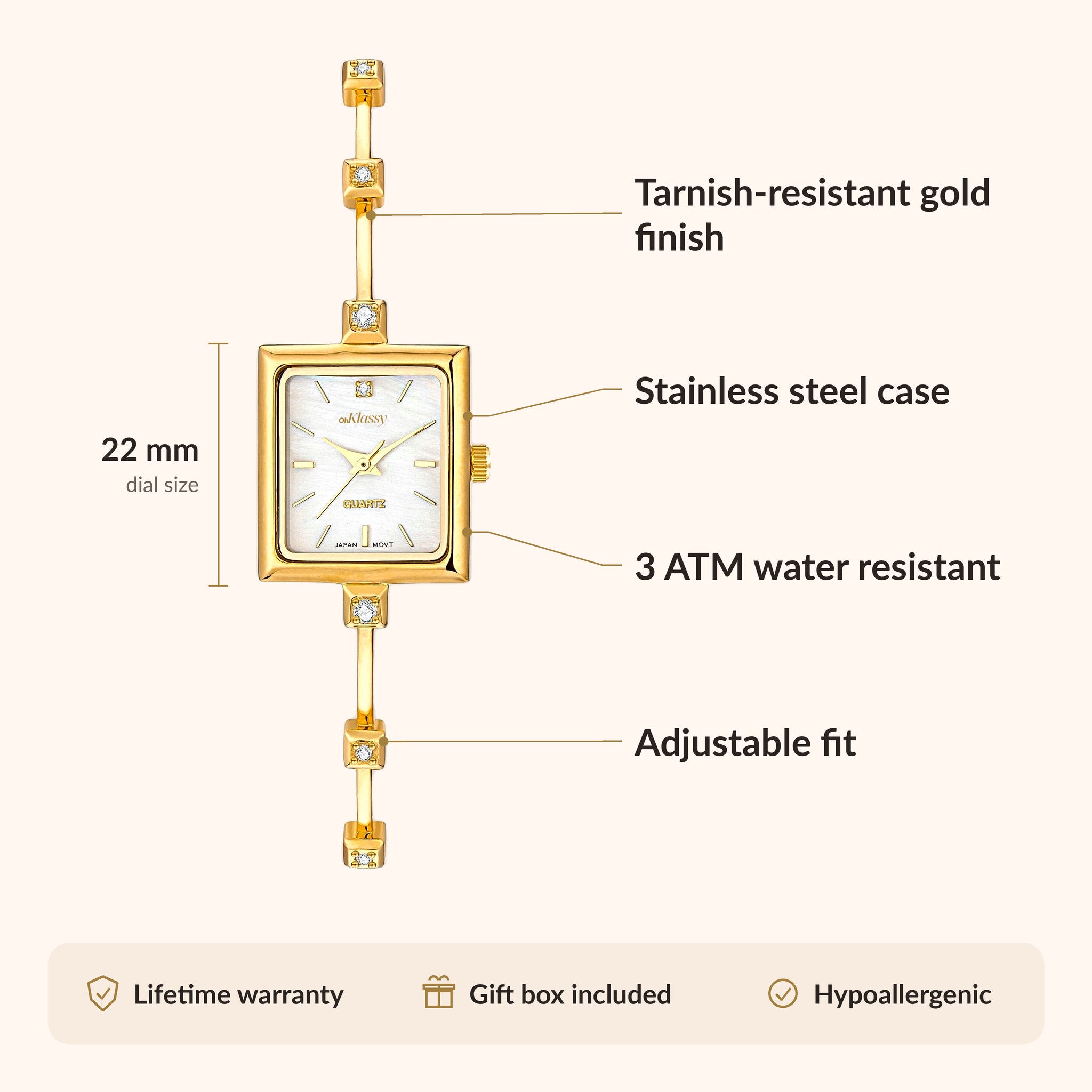 OhKlassy Sabella Gold women's vintage-inspired watch, size and features infographic