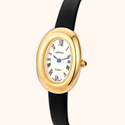 OhKlassy Sarah Black Leather Gold women's vintage-inspired watch, angled side view