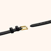 OhKlassy Sarah Black Leather Gold women's vintage-inspired watch, bracelet and clasp detail