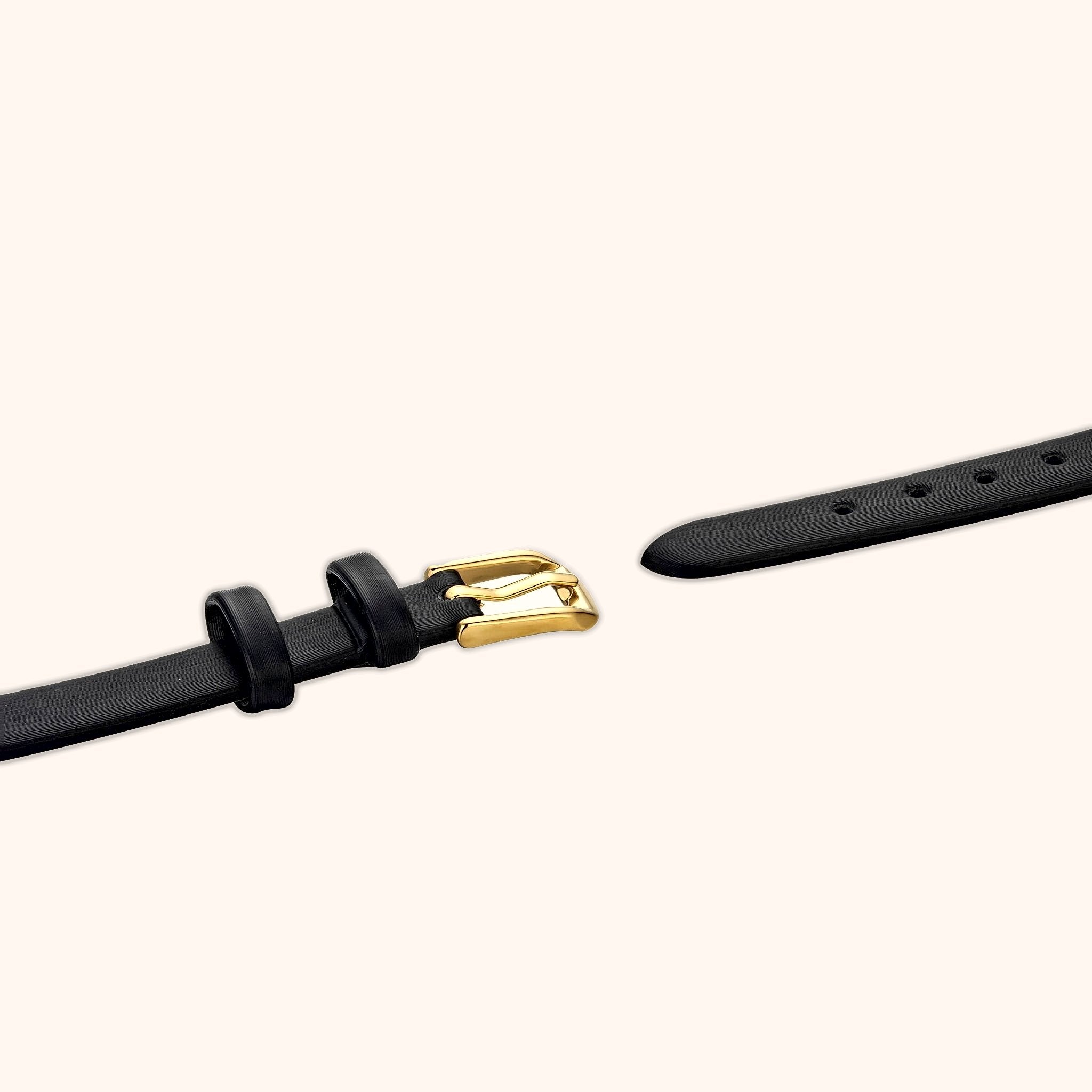 OhKlassy Sarah Black Leather Gold women's vintage-inspired watch, bracelet and clasp detail