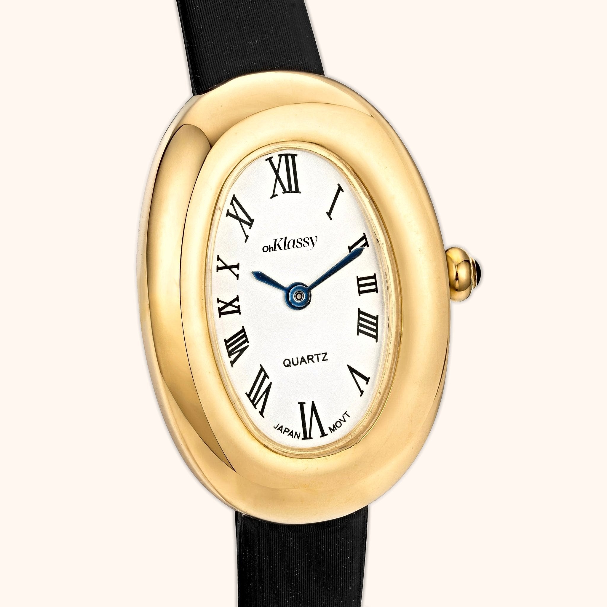 OhKlassy Sarah Black Leather Gold women's vintage-inspired watch, dial close-up