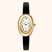 OhKlassy Sarah Black Leather Gold women's vintage-inspired watch, front view
