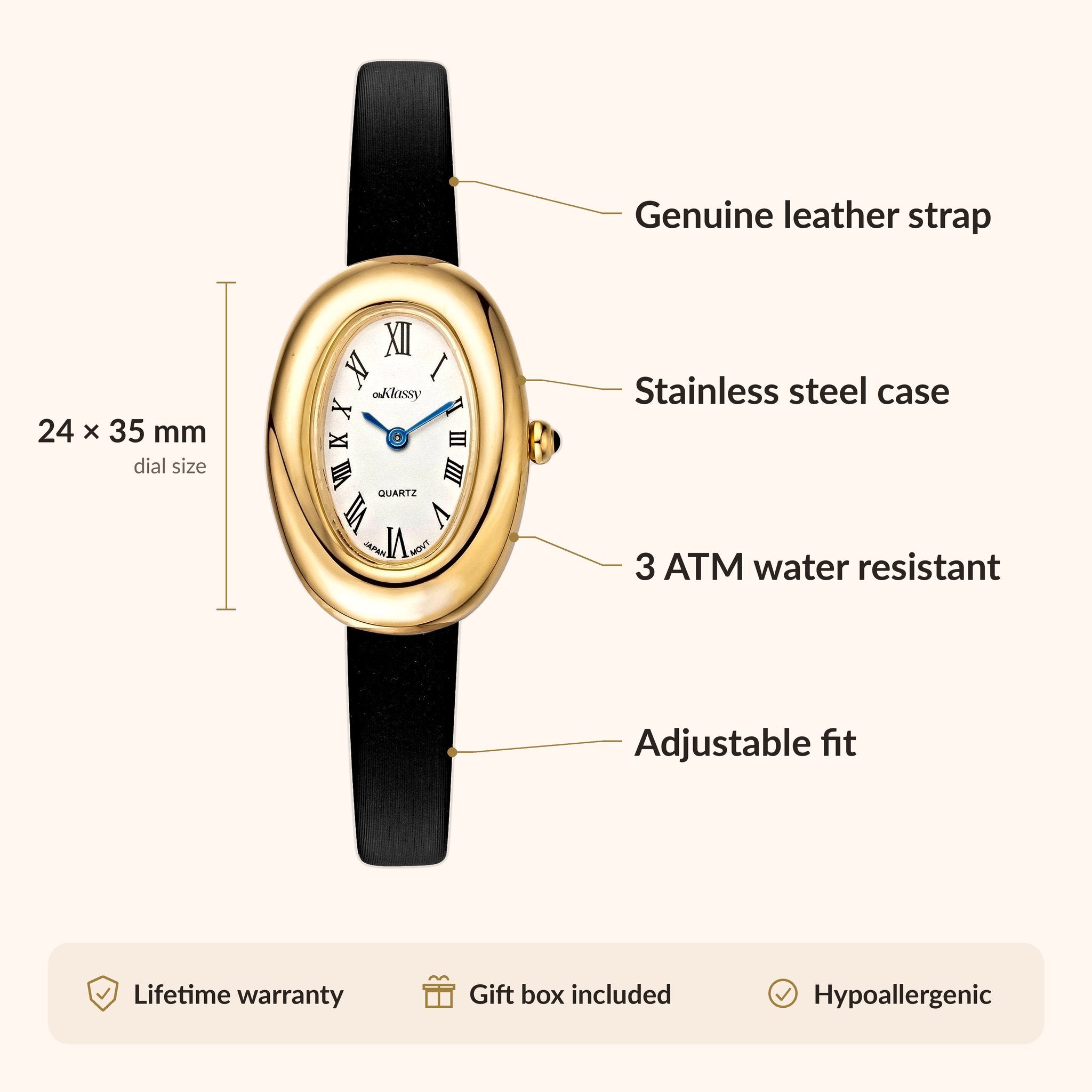 OhKlassy Sarah Black Leather Gold women's vintage-inspired watch, size and features infographic