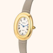 Montre pour femme OhKlassy Sarah en cuir gris et doré, d'inspiration vintage, vue de profil