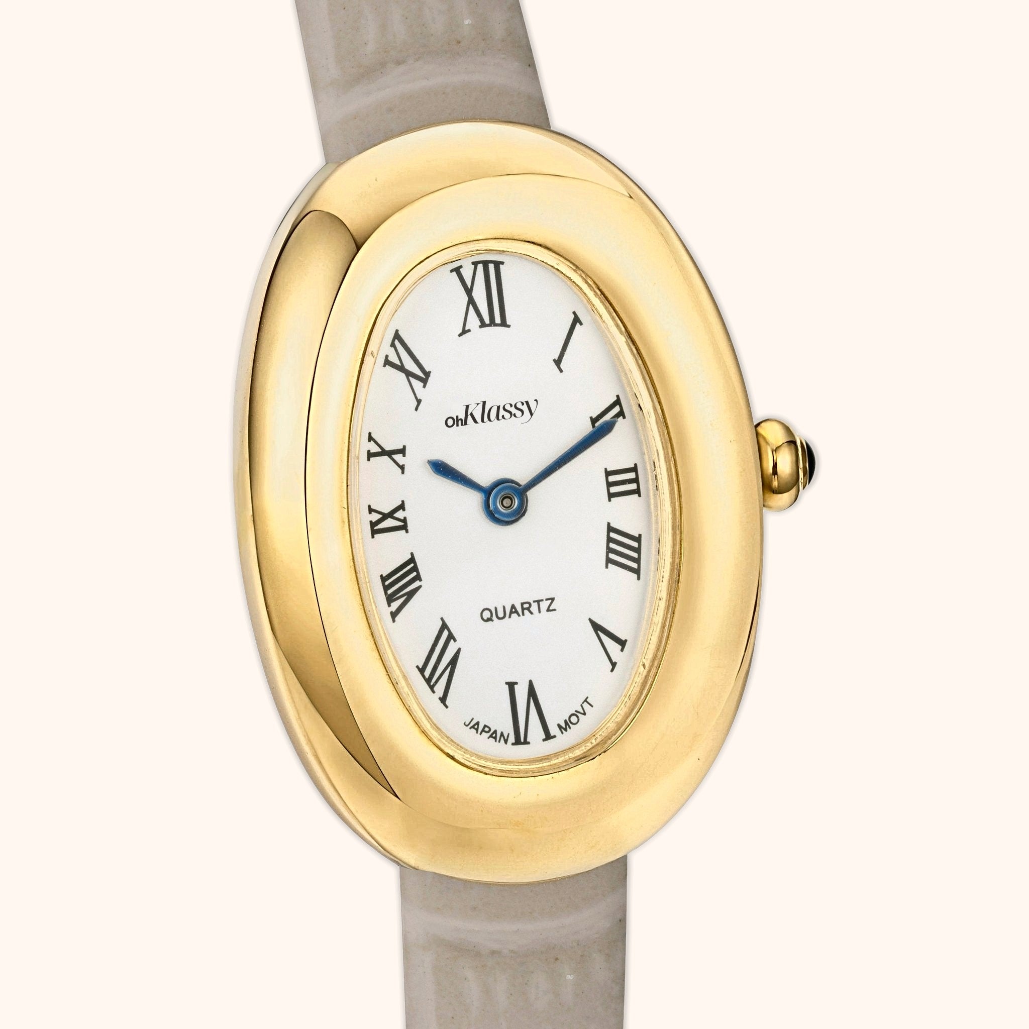 Montre pour femme OhKlassy Sarah Grey Leather Gold d'inspiration vintage, gros plan sur le cadran